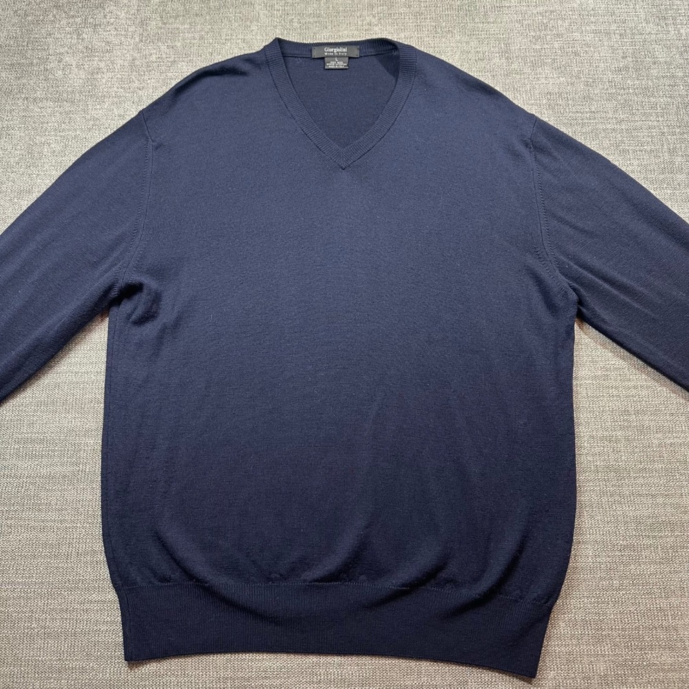 Giorgiolini Sweater Mens L Navy Blue  Extrafine Merino‎ Wool Italy V-Neck